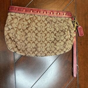 Coach Signature Coated‎ Canvas Wristlet Red Leather Trim Small Purse